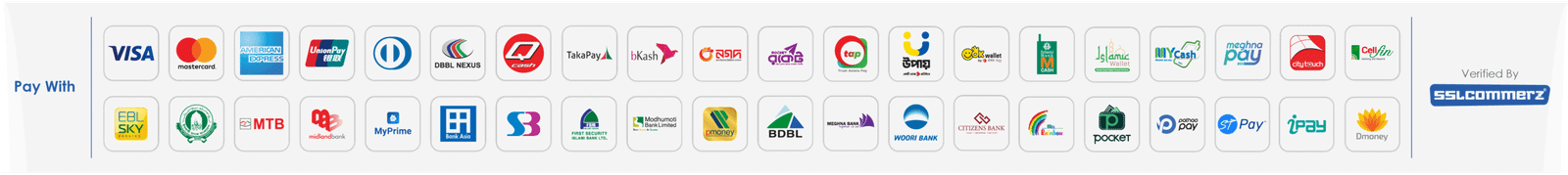 Pay with Visa, Mastercard, bKash, Nagad, Rocket and more — verified by SSLCommerz